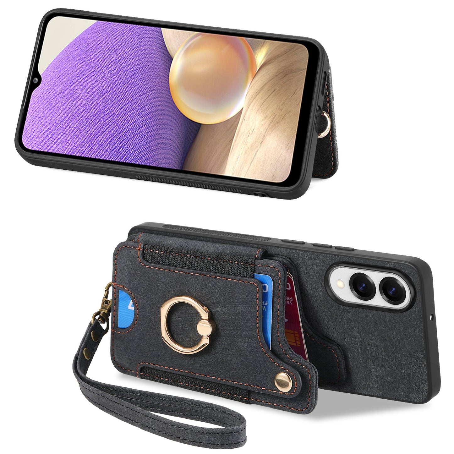 For Samsung Galaxy S25 Edge Retro PU Leather Back Cover with RFID Blocking Card Holder - Black