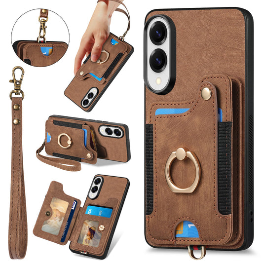 For Samsung Galaxy S25 Edge Retro PU Leather Back Cover with RFID Blocking Card Holder - Brown