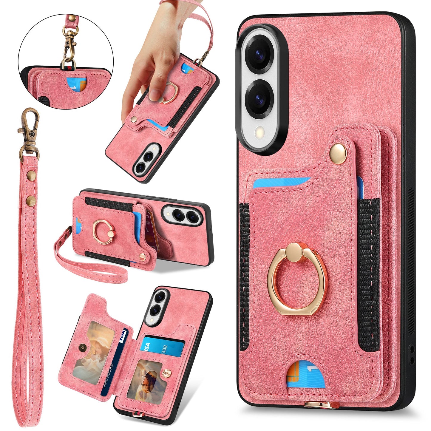 For Samsung Galaxy S25 Edge Retro PU Leather Back Cover with RFID Blocking Card Holder - Pink