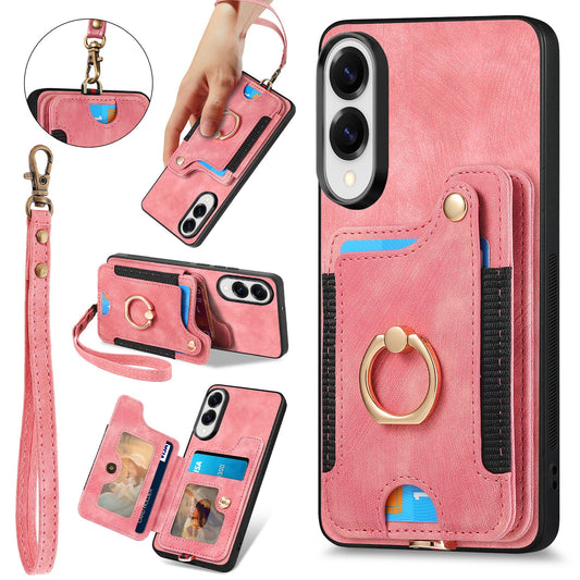 For Samsung Galaxy S25 Edge Retro PU Leather Back Cover with RFID Blocking Card Holder - Pink