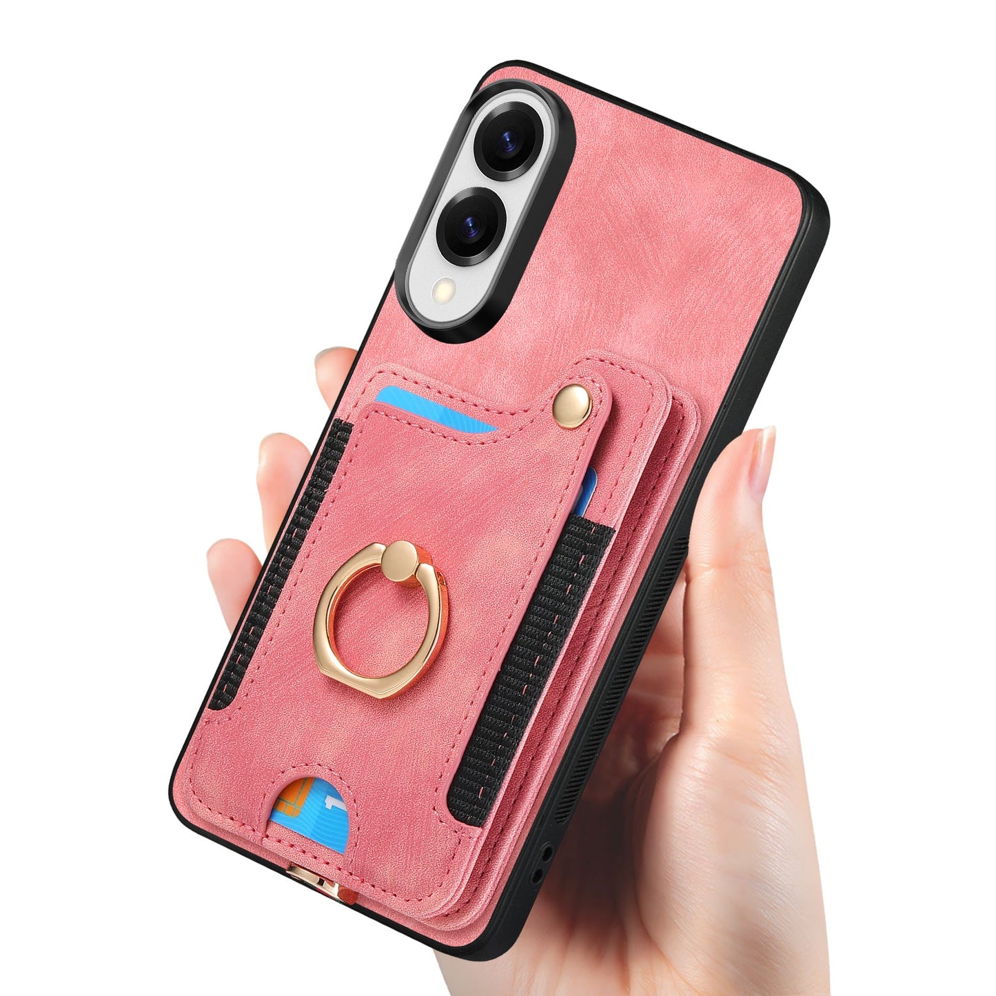 For Samsung Galaxy S25 Edge Retro PU Leather Back Cover with RFID Blocking Card Holder - Pink