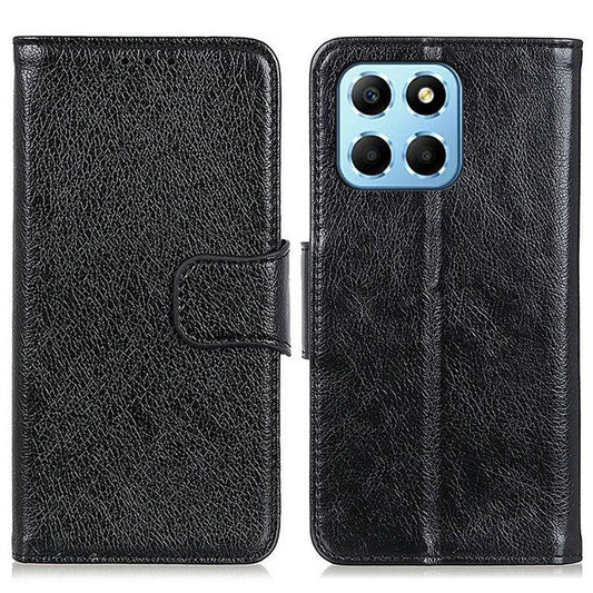 For Honor X8 5G Nappa Texture Split Leather Case Magnetic Clasp Shockproof Phone Stand Wallet Cover - Black