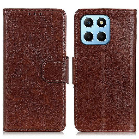 For Honor X8 5G Nappa Texture Split Leather Case Magnetic Clasp Shockproof Phone Stand Wallet Cover - Brown