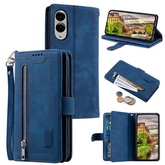 For Samsung Galaxy S25 Edge Case PU Leather Phone Cover with Zipper Wallet 9 Card Slots - Blue