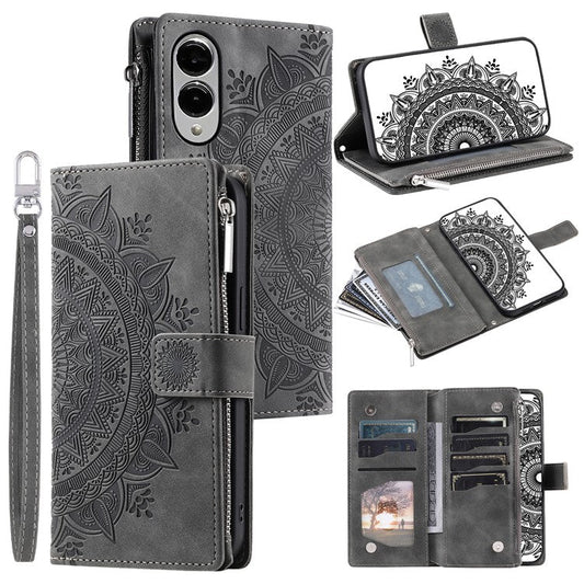 Style 006 For Samsung Galaxy S25 Edge Wallet Case PU Leather Phone Cover Mandala Flower Pattern - Grey