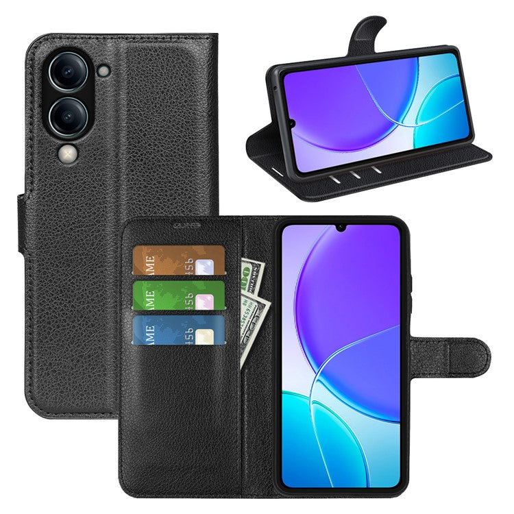For vivo Y04 4G Case Litchi Texture Shockproof Leather Wallet Phone Cover - Black