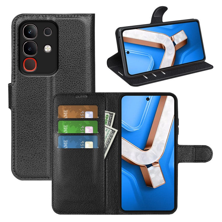 For vivo Y29 4G Case Litchi Texture Shockproof Leather Wallet Phone Cover - Black