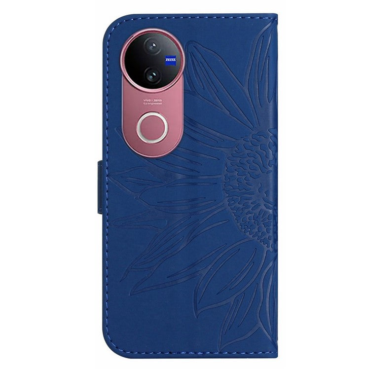 For vivo V50 5G Case Sunflower Imprint Leather Wallet Phone Cover with Wrist Strap - Sapphire