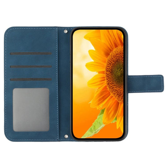 For vivo V50 5G Case Sunflower Imprint Leather Wallet Phone Cover with Wrist Strap - Dark Blue