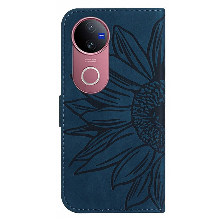 For vivo V50 5G Case Sunflower Imprint Leather Wallet Phone Cover with Wrist Strap - Dark Blue