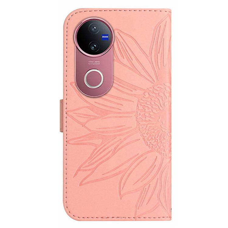 For vivo V50 5G Case Sunflower Imprint Leather Wallet Phone Cover with Wrist Strap - Light Pink