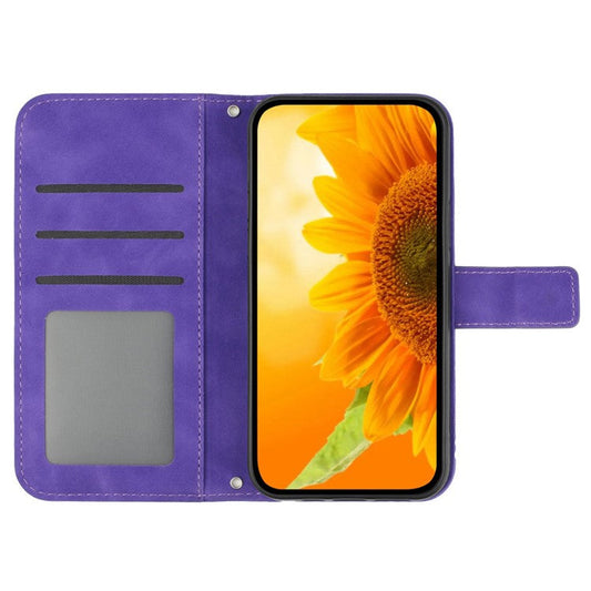 For vivo V50 5G Case Sunflower Imprint Leather Wallet Phone Cover with Wrist Strap - Dark Purple