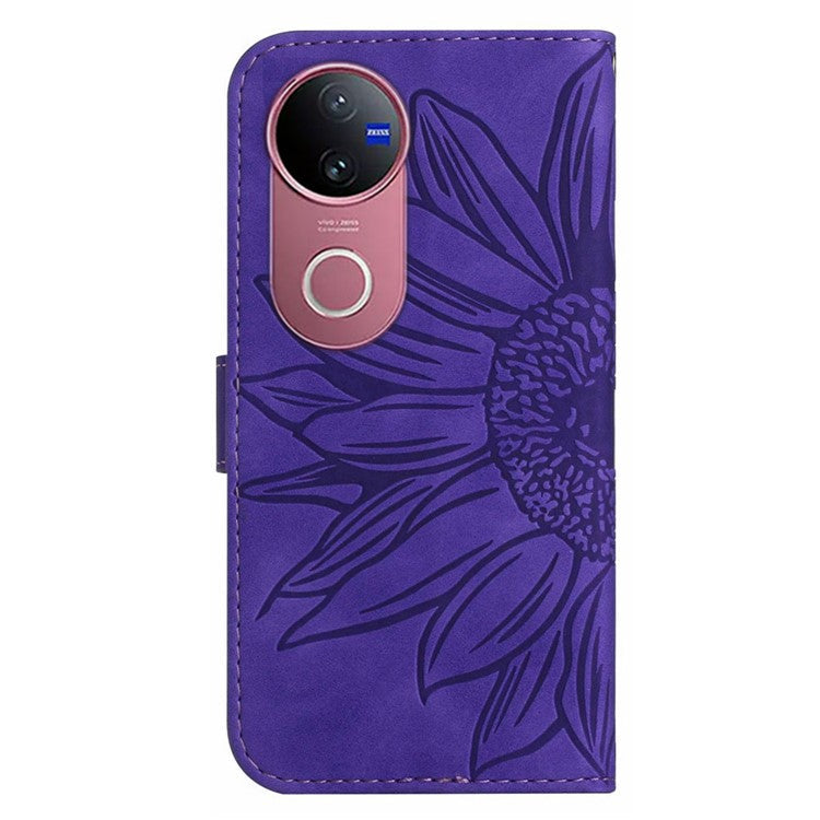For vivo V50 5G Case Sunflower Imprint Leather Wallet Phone Cover with Wrist Strap - Dark Purple