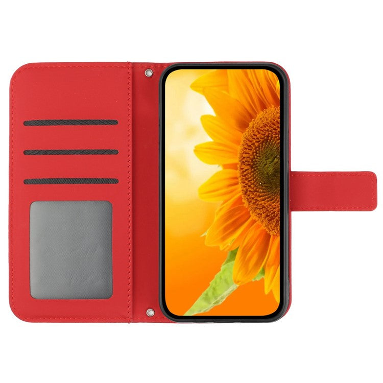 For vivo V50 5G Case Sunflower Imprint Leather Wallet Phone Cover with Wrist Strap - Red