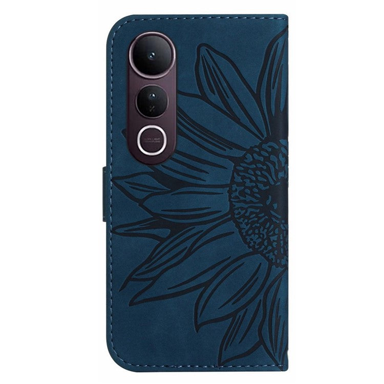 For vivo V50 Lite 5G Case Sunflower Imprint Leather Wallet Phone Cover with Wrist Strap - Dark Blue