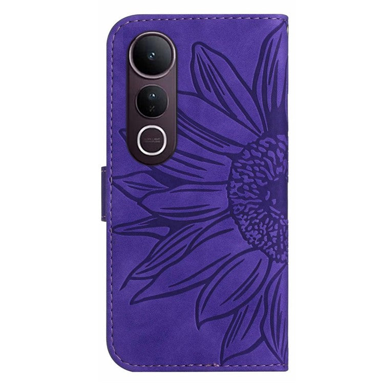 For vivo V50 Lite 5G Case Sunflower Imprint Leather Wallet Phone Cover with Wrist Strap - Dark Purple