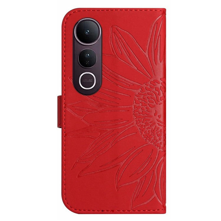 For vivo V50 Lite 5G Case Sunflower Imprint Leather Wallet Phone Cover with Wrist Strap - Red