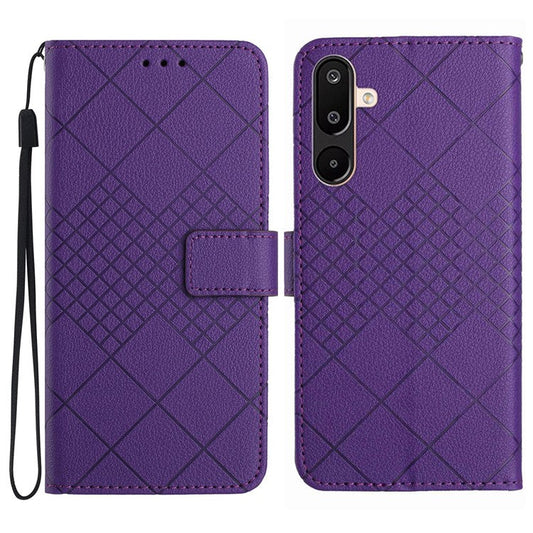 For Samsung Galaxy F16 5G / M16 5G Phone Case Wallet Imprint PU Leather Flip Folio Cover - Dark Purple