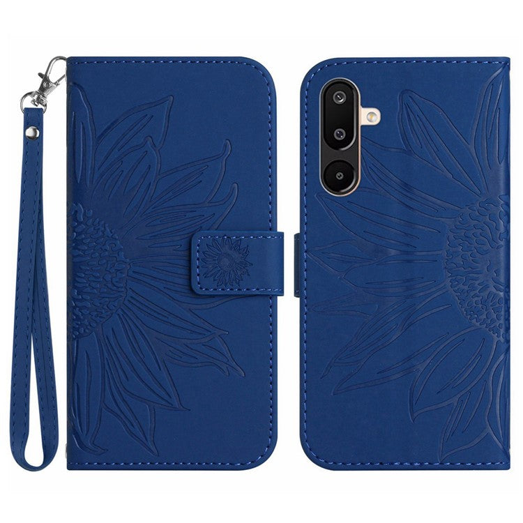 For Samsung Galaxy M16 5G / F16 5G Case Sunflower Imprint Leather Wallet Phone Cover with Wrist Strap - Sapphire