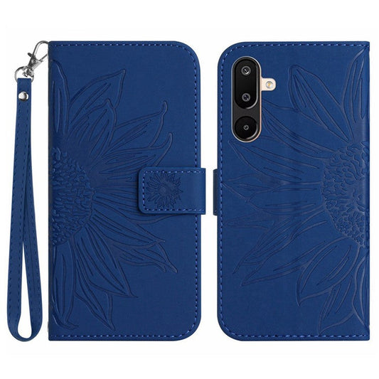 For Samsung Galaxy M16 5G / F16 5G Case Sunflower Imprint Leather Wallet Phone Cover with Wrist Strap - Sapphire