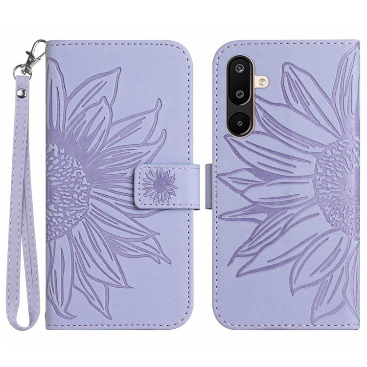For Samsung Galaxy M16 5G / F16 5G Case Sunflower Imprint Leather Wallet Phone Cover with Wrist Strap - Light Purple