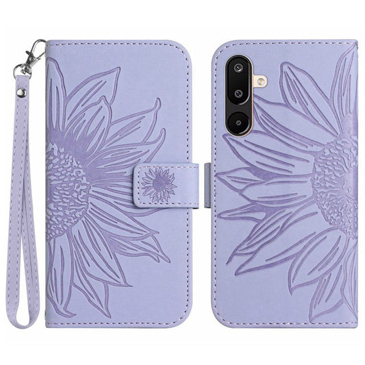 For Samsung Galaxy M16 5G / F16 5G Case Sunflower Imprint Leather Wallet Phone Cover with Wrist Strap - Light Purple