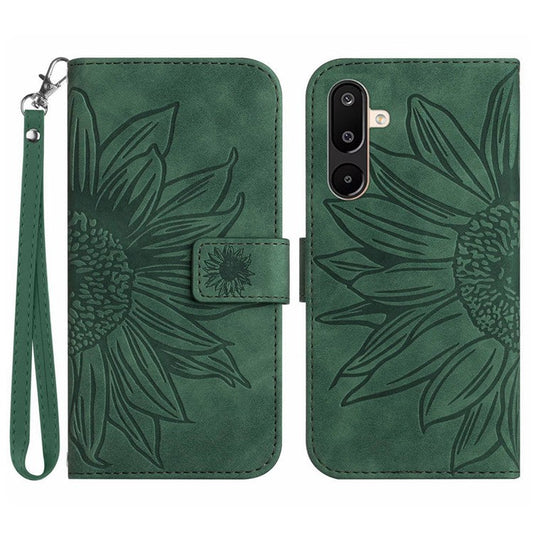 For Samsung Galaxy M16 5G / F16 5G Case Sunflower Imprint Leather Wallet Phone Cover with Wrist Strap - Dark Green