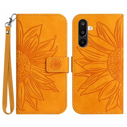 For Samsung Galaxy M16 5G / F16 5G Case Sunflower Imprint Leather Wallet Phone Cover with Wrist Strap - Yellow
