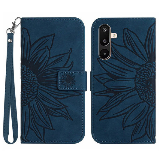 For Samsung Galaxy M16 5G / F16 5G Case Sunflower Imprint Leather Wallet Phone Cover with Wrist Strap - Dark Blue