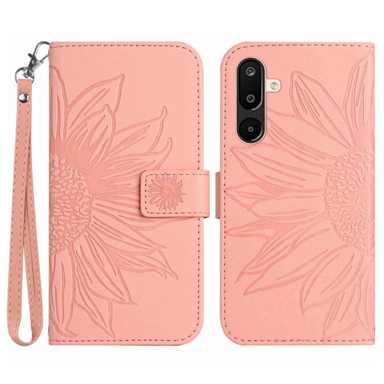 For Samsung Galaxy M16 5G / F16 5G Case Sunflower Imprint Leather Wallet Phone Cover with Wrist Strap - Light Pink