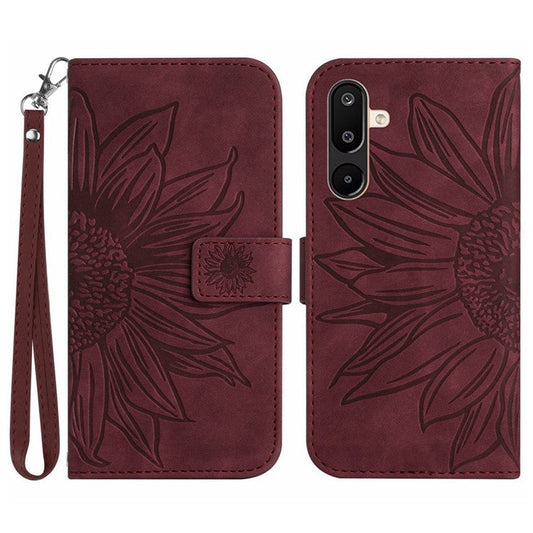 For Samsung Galaxy M16 5G / F16 5G Case Sunflower Imprint Leather Wallet Phone Cover with Wrist Strap - Wine Red