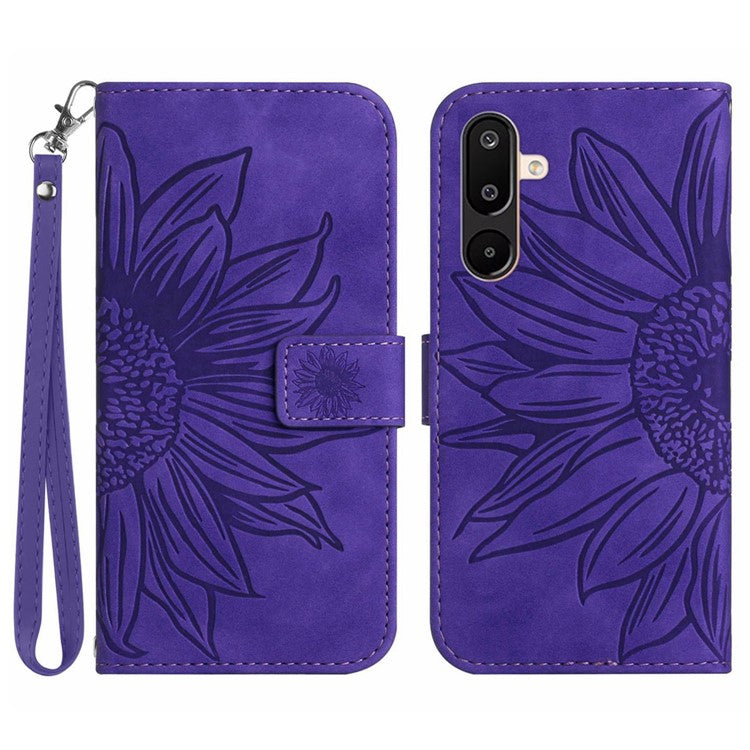 For Samsung Galaxy M16 5G / F16 5G Case Sunflower Imprint Leather Wallet Phone Cover with Wrist Strap - Dark Purple