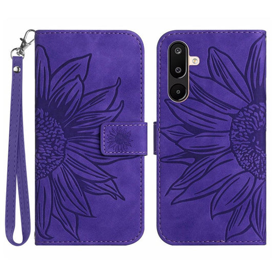 For Samsung Galaxy M16 5G / F16 5G Case Sunflower Imprint Leather Wallet Phone Cover with Wrist Strap - Dark Purple