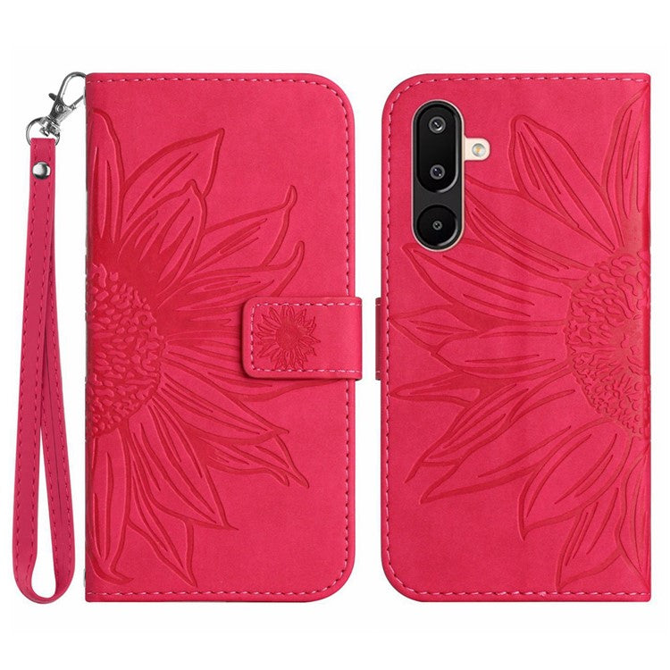 For Samsung Galaxy M16 5G / F16 5G Case Sunflower Imprint Leather Wallet Phone Cover with Wrist Strap - Rose