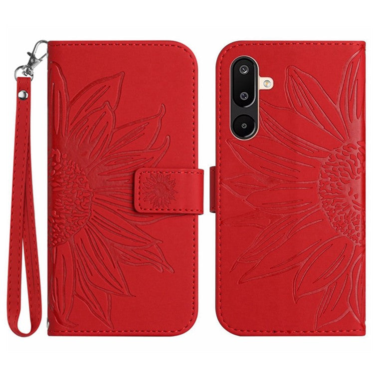 For Samsung Galaxy M16 5G / F16 5G Case Sunflower Imprint Leather Wallet Phone Cover with Wrist Strap - Red