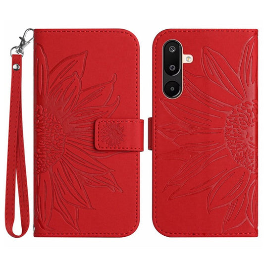 For Samsung Galaxy M16 5G / F16 5G Case Sunflower Imprint Leather Wallet Phone Cover with Wrist Strap - Red