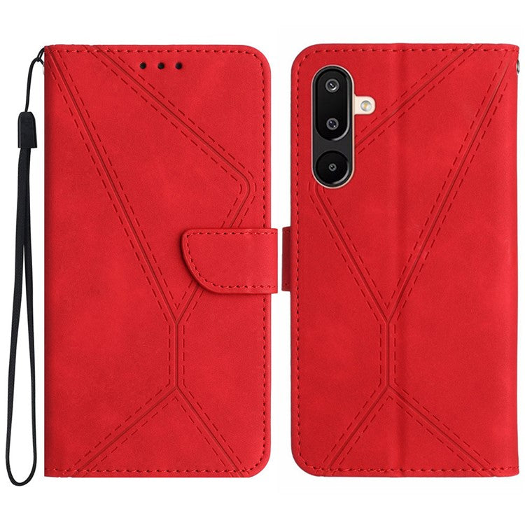 For Samsung Galaxy M16 5G / F16 5G Case Skin Touch Lines Imprinted PU Leather Flip Phone Cover - Red