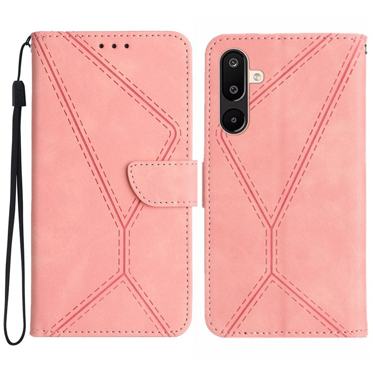 For Samsung Galaxy M16 5G / F16 5G Case Skin Touch Lines Imprinted PU Leather Flip Phone Cover - Pink