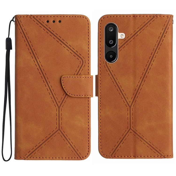 For Samsung Galaxy M16 5G / F16 5G Case Skin Touch Lines Imprinted PU Leather Flip Phone Cover - Brown