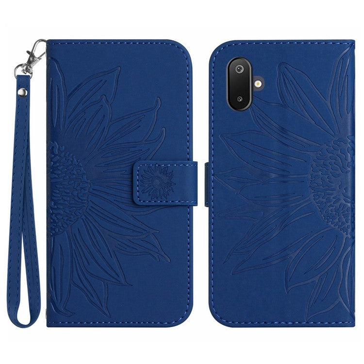 For Samsung Galaxy M06 5G / F06 5G Case Sunflower Imprint Leather Wallet Phone Cover with Wrist Strap - Sapphire