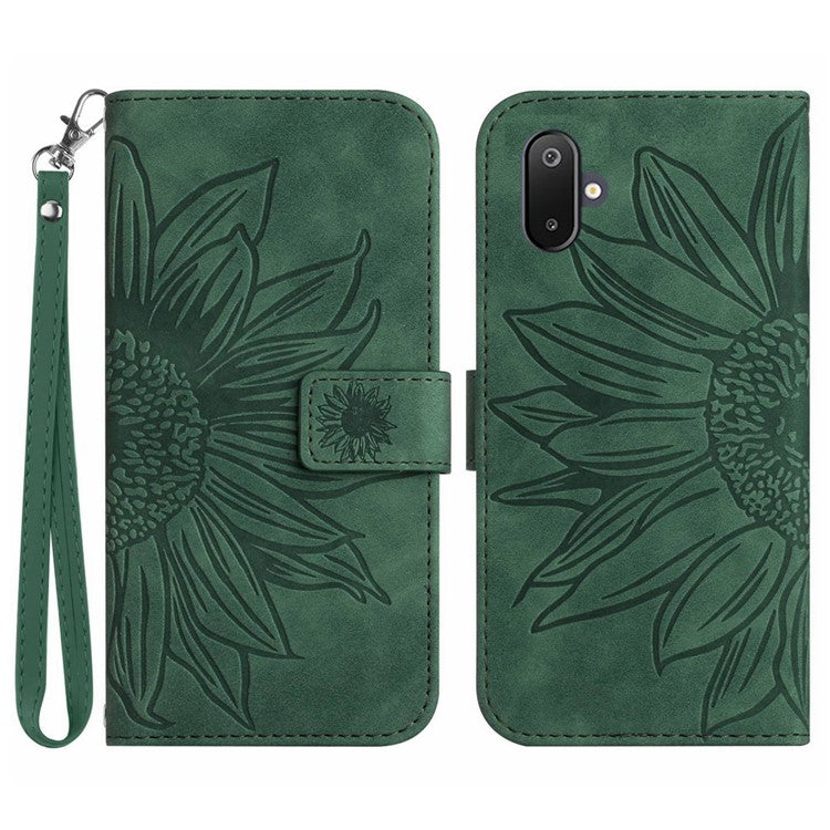 For Samsung Galaxy M06 5G / F06 5G Case Sunflower Imprint Leather Wallet Phone Cover with Wrist Strap - Dark Green