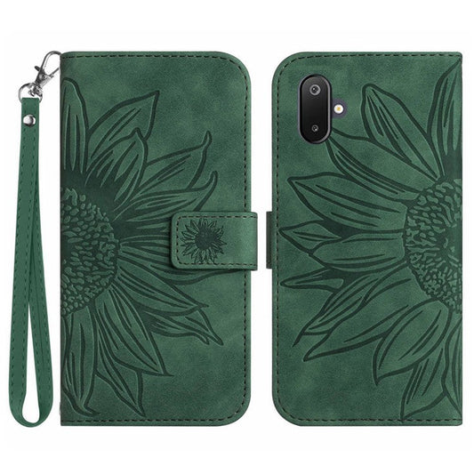 For Samsung Galaxy M06 5G / F06 5G Case Sunflower Imprint Leather Wallet Phone Cover with Wrist Strap - Dark Green