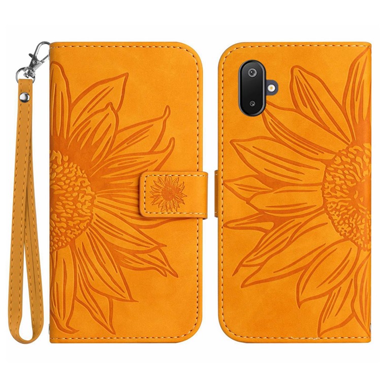 For Samsung Galaxy M06 5G / F06 5G Case Sunflower Imprint Leather Wallet Phone Cover with Wrist Strap - Yellow