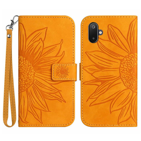 For Samsung Galaxy M06 5G / F06 5G Case Sunflower Imprint Leather Wallet Phone Cover with Wrist Strap - Yellow