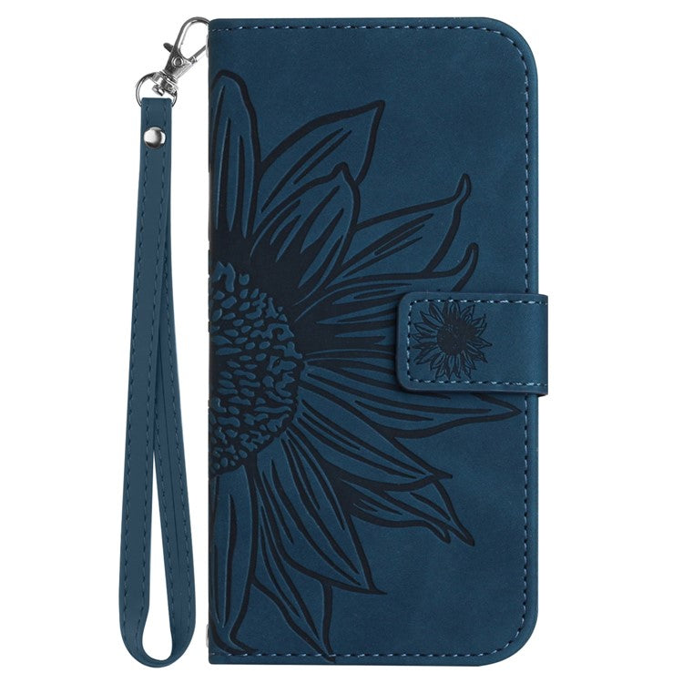 For Samsung Galaxy M06 5G / F06 5G Case Sunflower Imprint Leather Wallet Phone Cover with Wrist Strap - Dark Blue