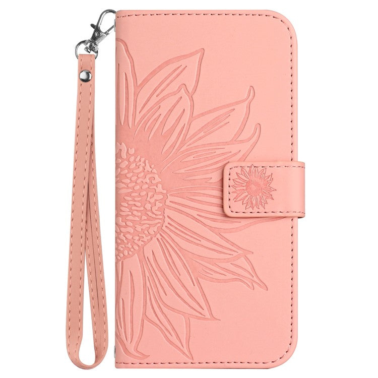For Samsung Galaxy M06 5G / F06 5G Case Sunflower Imprint Leather Wallet Phone Cover with Wrist Strap - Light Pink