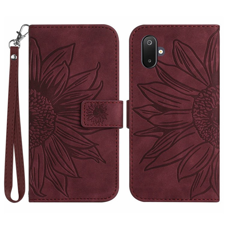 For Samsung Galaxy M06 5G / F06 5G Case Sunflower Imprint Leather Wallet Phone Cover with Wrist Strap - Wine Red