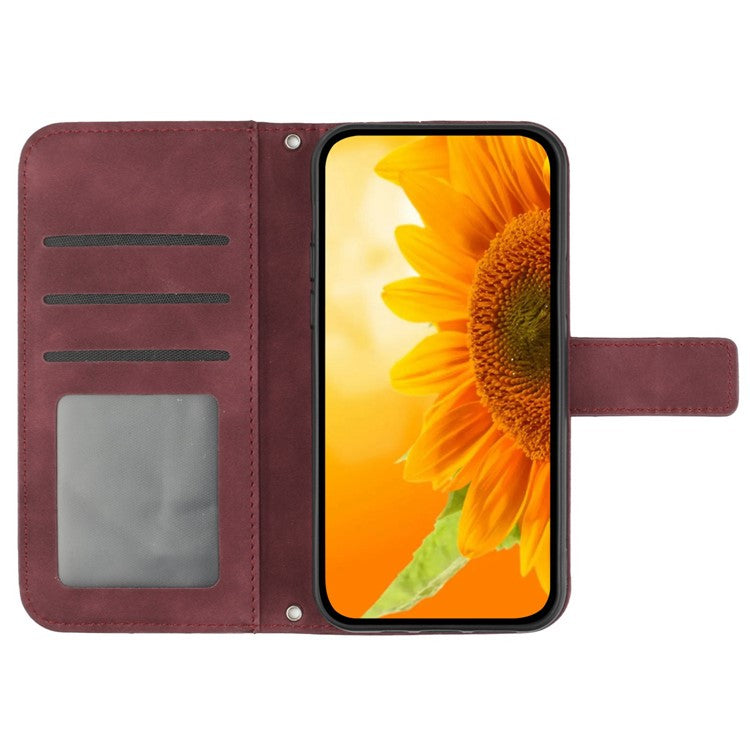 For Samsung Galaxy M06 5G / F06 5G Case Sunflower Imprint Leather Wallet Phone Cover with Wrist Strap - Wine Red