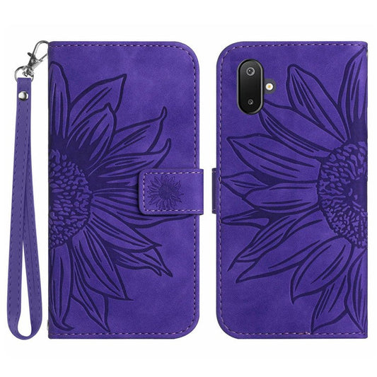 For Samsung Galaxy M06 5G / F06 5G Case Sunflower Imprint Leather Wallet Phone Cover with Wrist Strap - Dark Purple