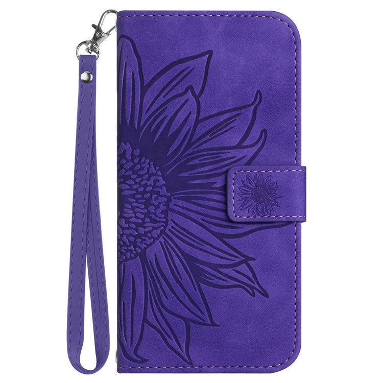 For Samsung Galaxy M06 5G / F06 5G Case Sunflower Imprint Leather Wallet Phone Cover with Wrist Strap - Dark Purple